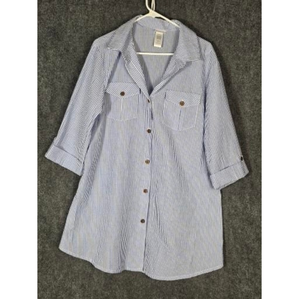 Dotti Blue White Striped Seersucker Button Down Tunic Shirt Roll Tab Sleeve Sz L